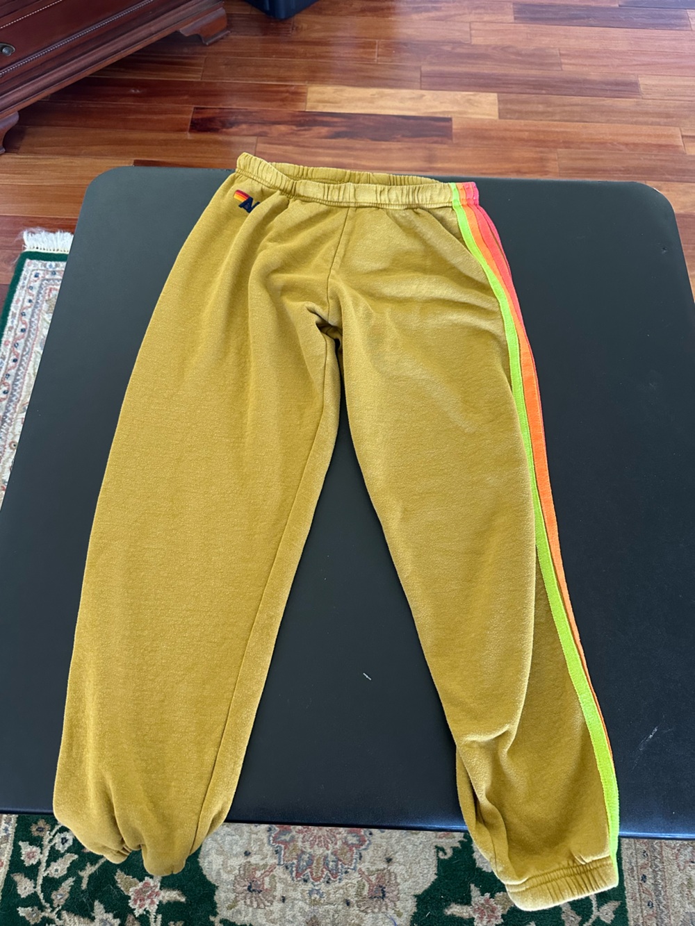 Aviator Nation Women’s Olive Green Track Pants with Rainbow Side Stripes Size LG